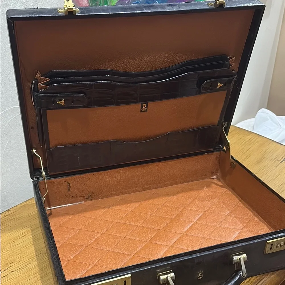 LUXURY Fred’s of Paris (Jeweler) Black Crocodile-Embossed Leather Briefcase.